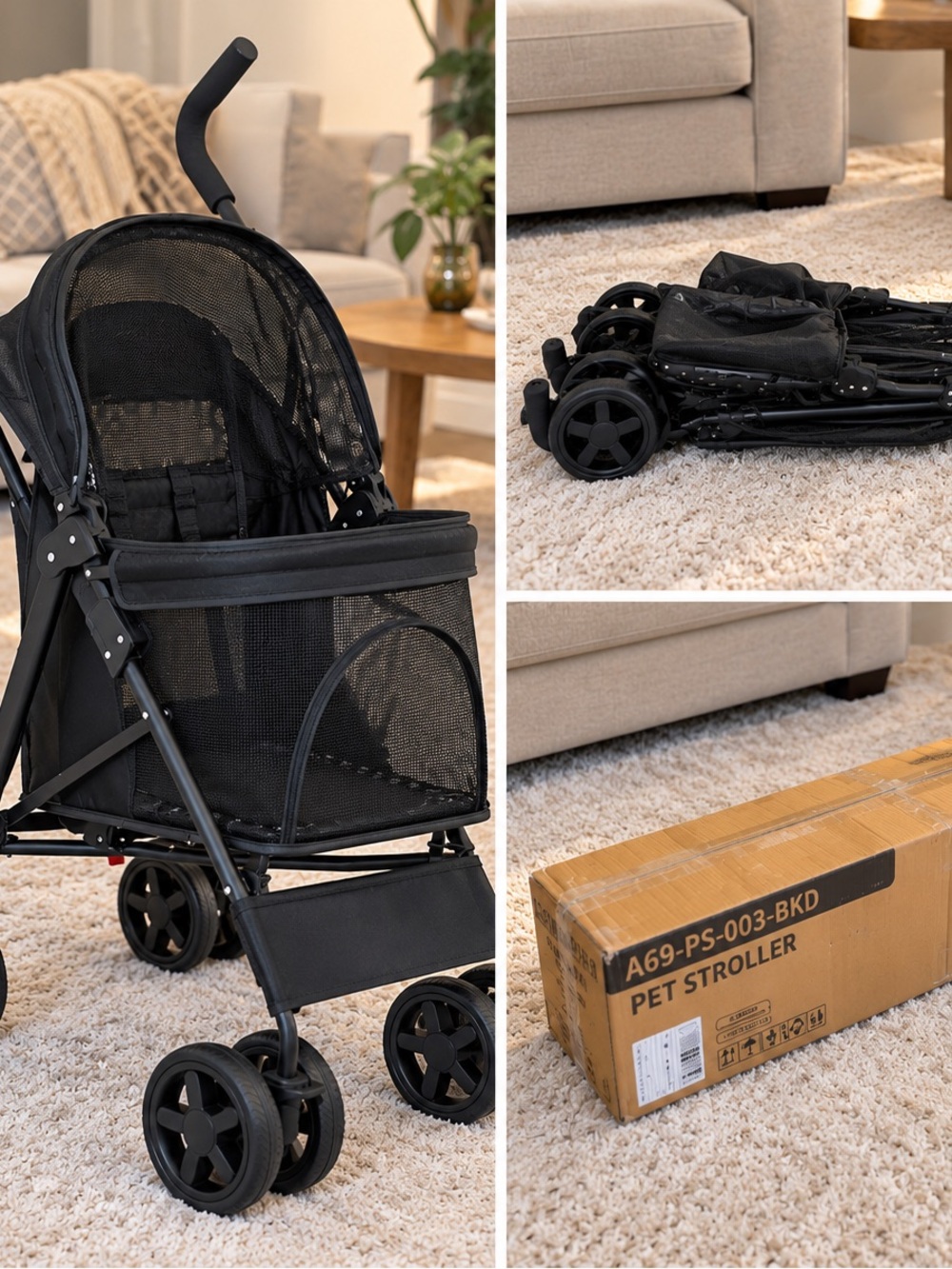 Black Pet Stroller - Lightweight Foldable Stroller for Small Pets